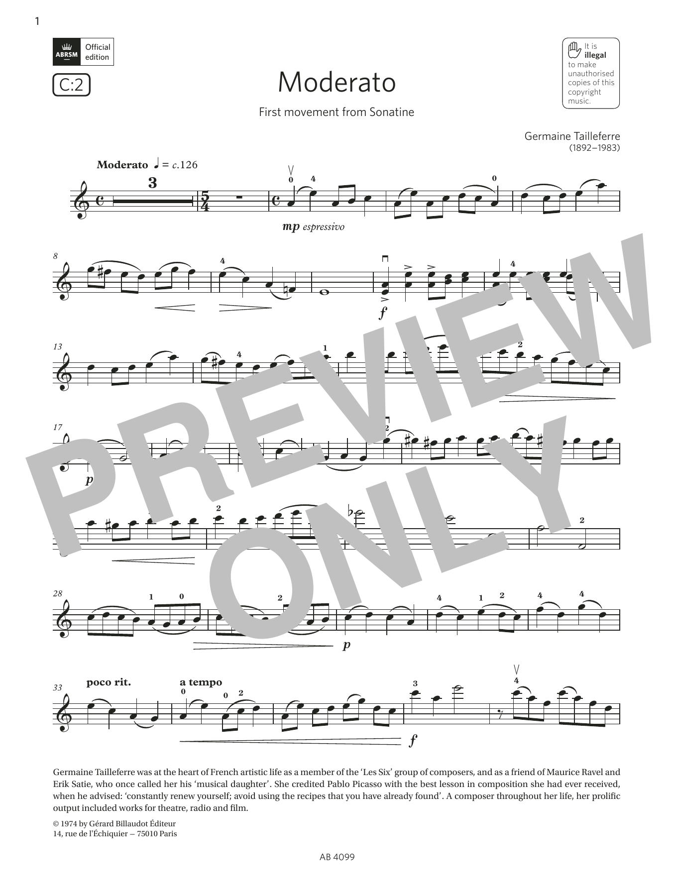 Germaine Tailleferre Moderato (Grade 5, C2, from the ABRSM Violin Syllabus from 2024) Sheet Music