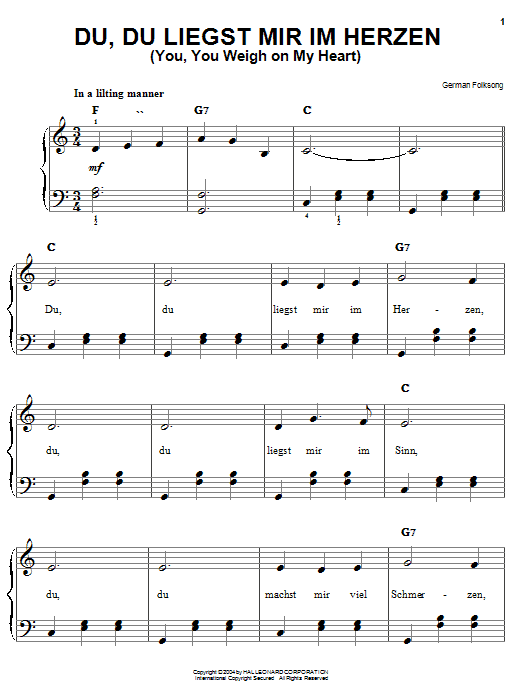 German Folksong Du, Du Liegst Mir Im Herzen (You, You Weigh On My Heart) Sheet Music