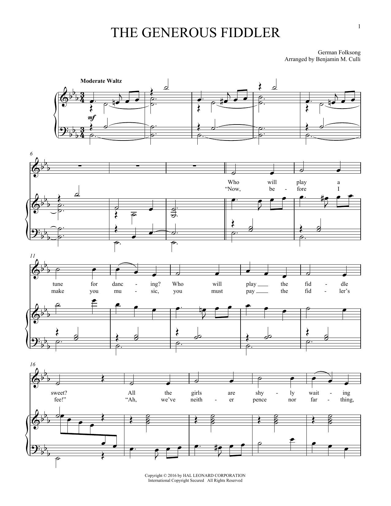 German Folksong The Generous Fiddler Sheet Music