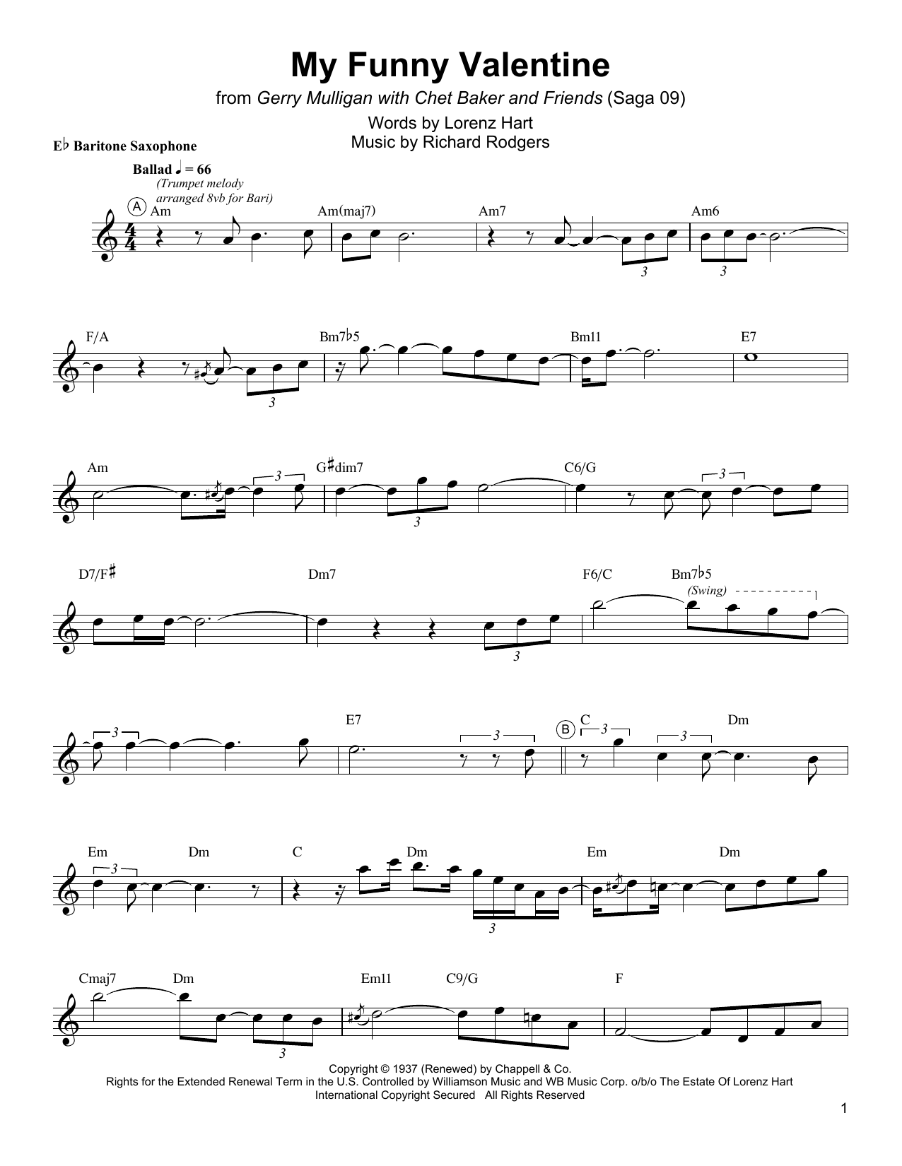 Gerry Mulligan My Funny Valentine Sheet Music