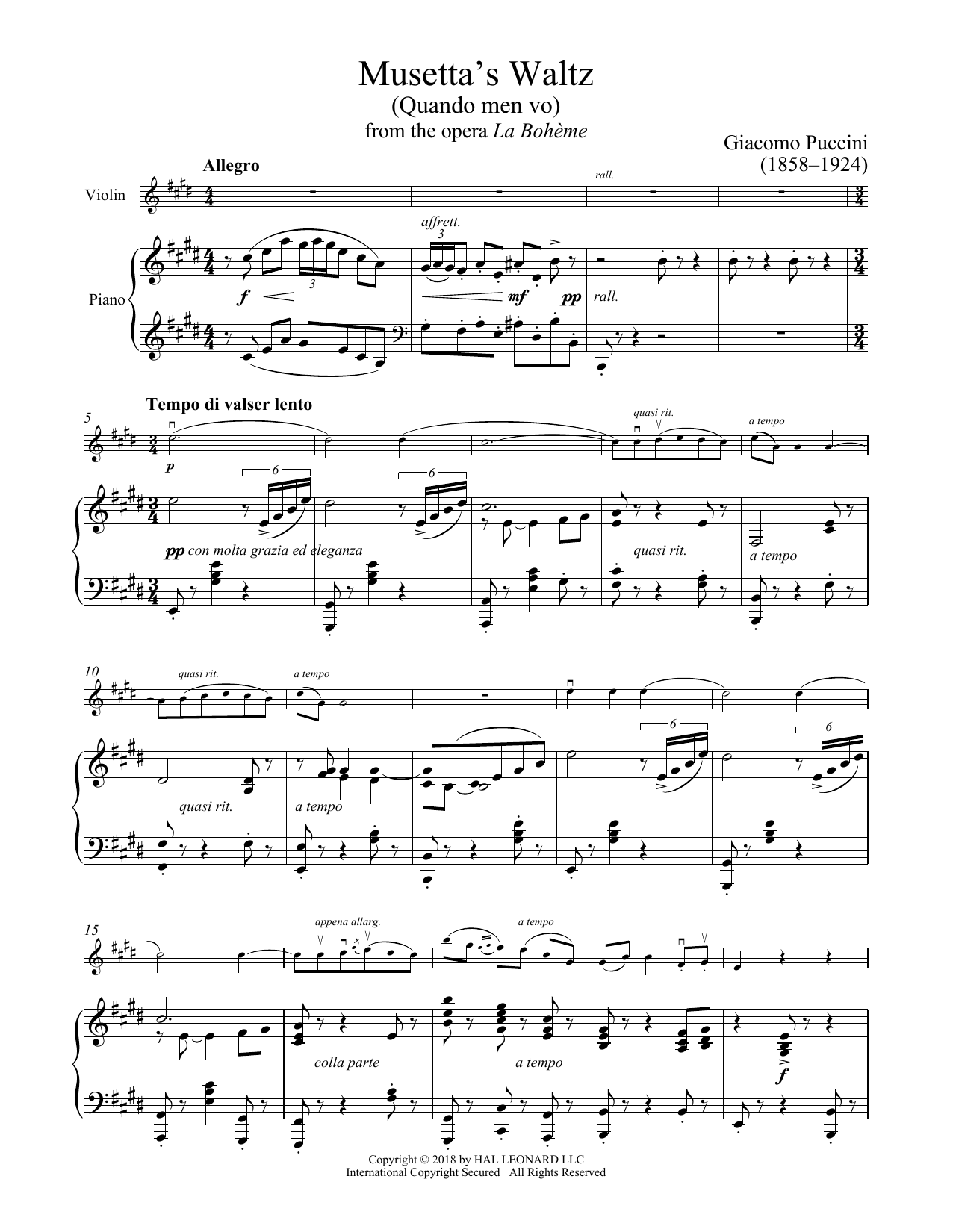 Giacomo Puccini Quando Men Vo Sheet Music