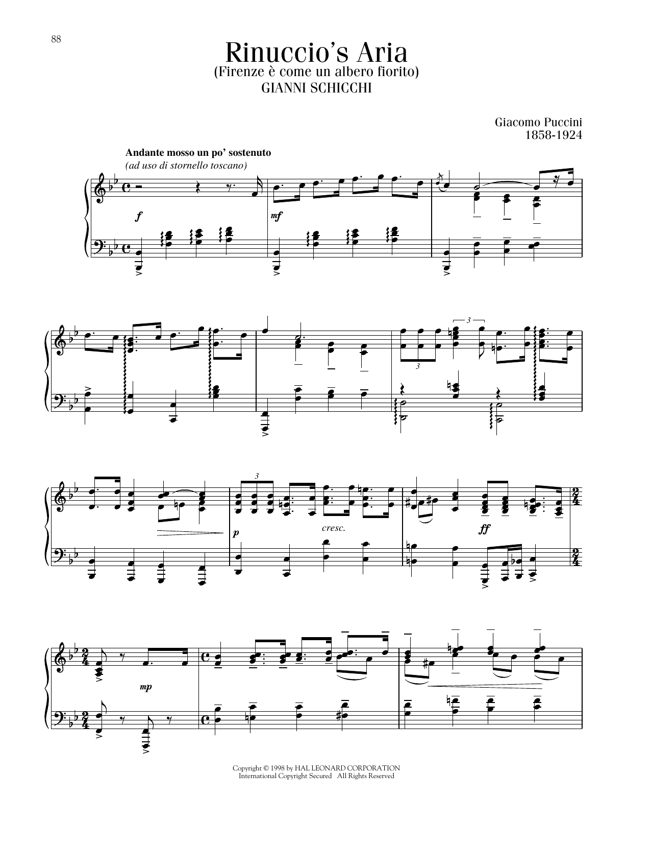 Giacomo Puccini Rinuccio's Aria (Firenze E Come Un Alberto Fiorito) Sheet Music