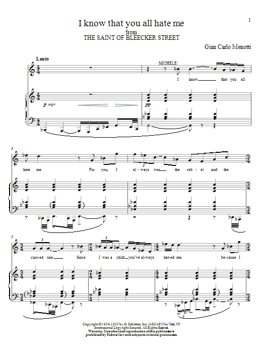 Gian Carlo Menotti I Know That You All Hate Me Sheet Music