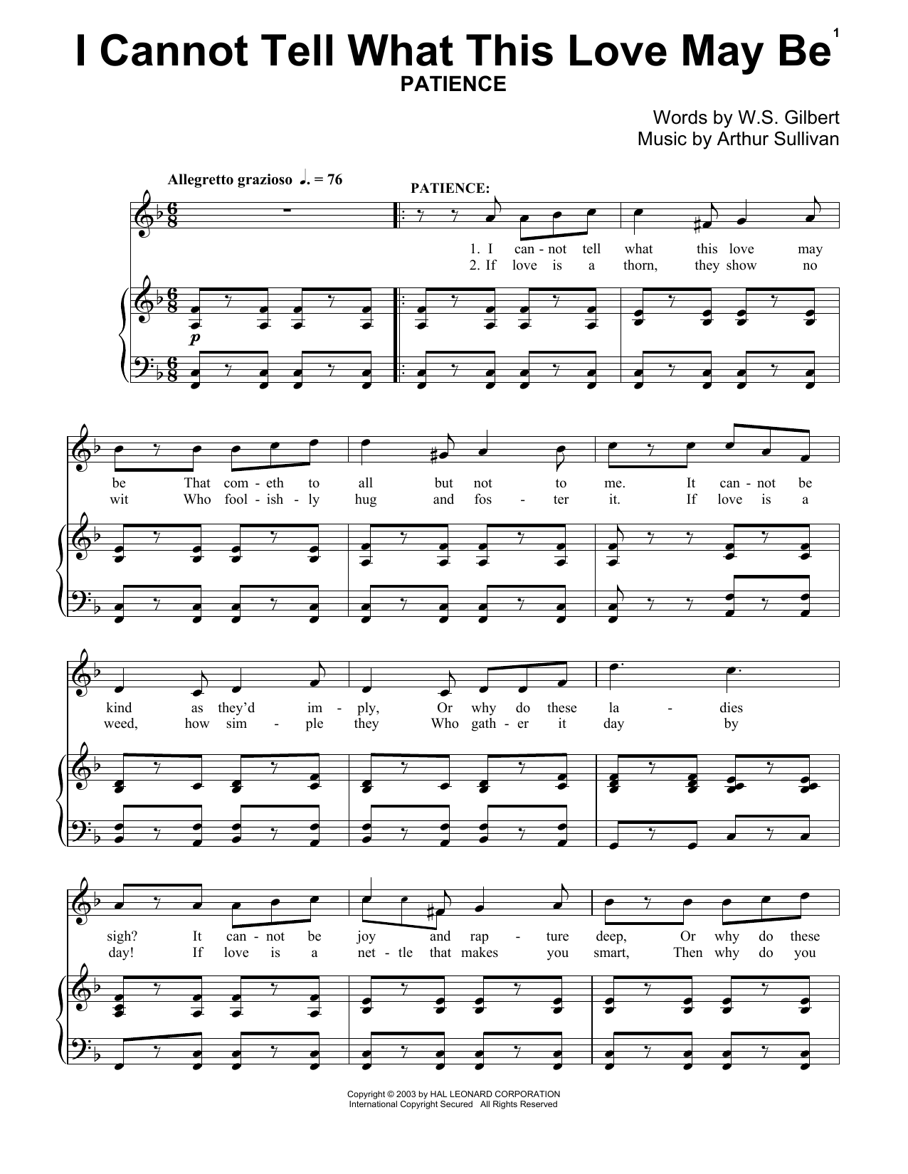 Gilbert & Sullivan I Can Not Tell What This Love May Be Sheet Music
