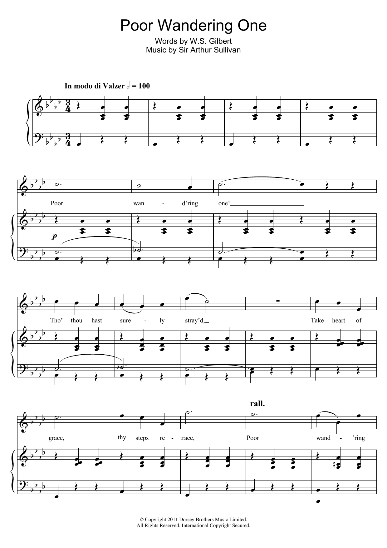 Gilbert & Sullivan Poor Wandering One Sheet Music