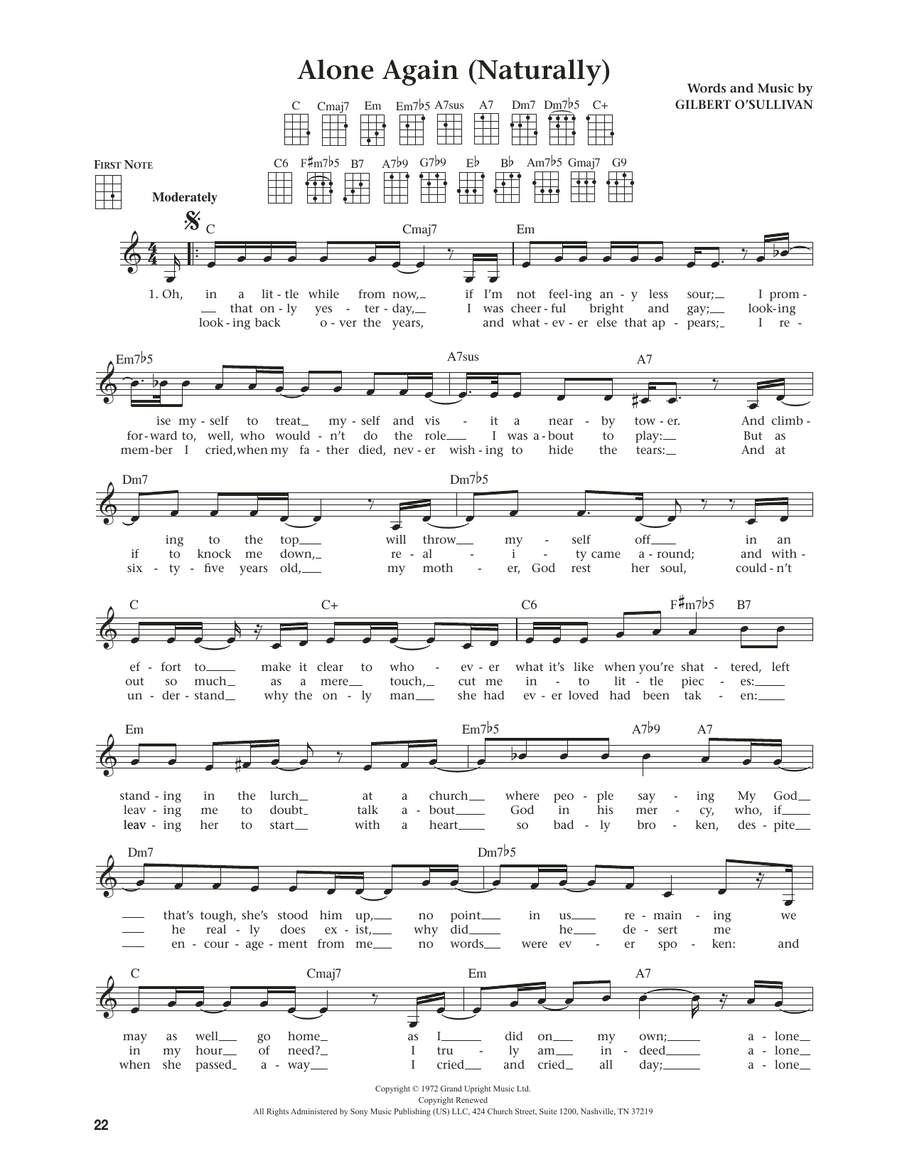 Gilbert O'Sullivan Alone Again (Naturally) (from The Daily Ukulele) (arr. Jim Beloff) Sheet Music