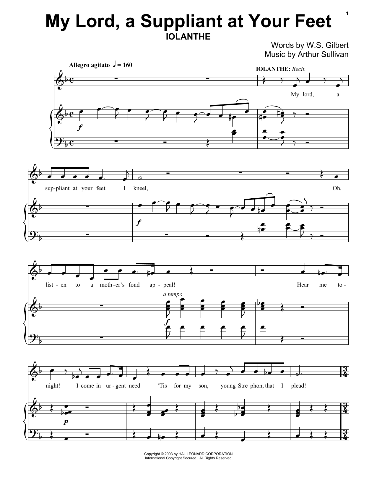 Gilbert & Sullivan My Lord, A Suppliant At Your Feet Sheet Music