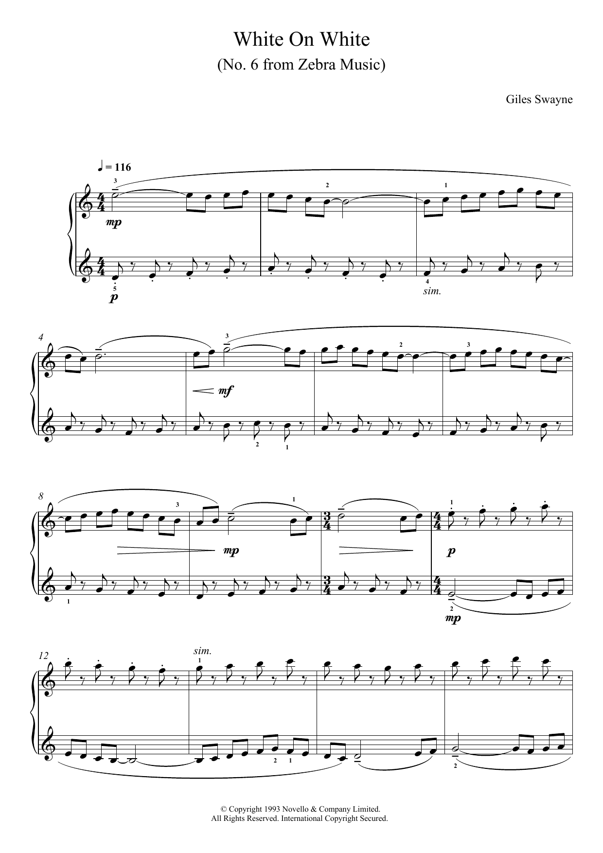 Giles Swayne White On White (No. 6 from Zebra Music) Sheet Music