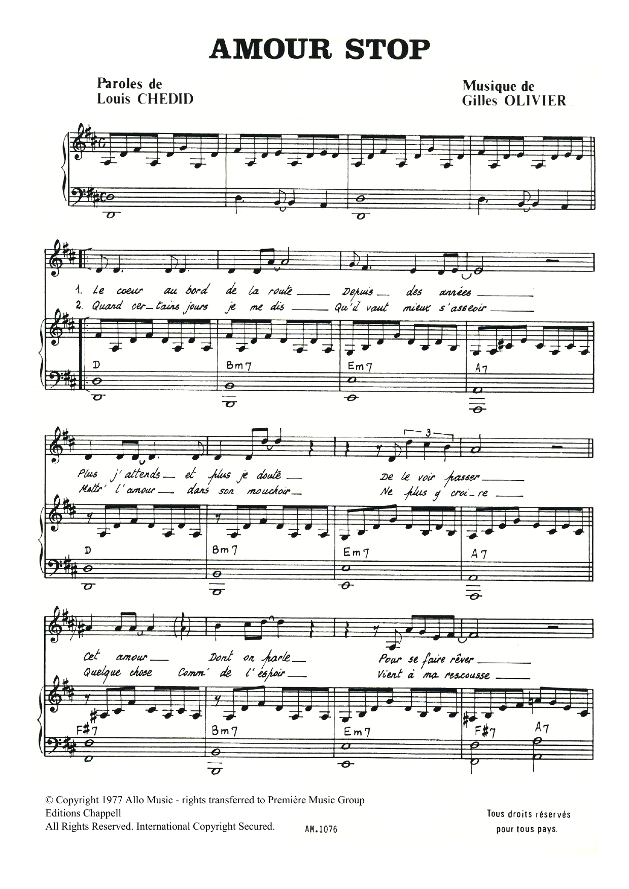 Gilles Olivier Amour Stop Sheet Music