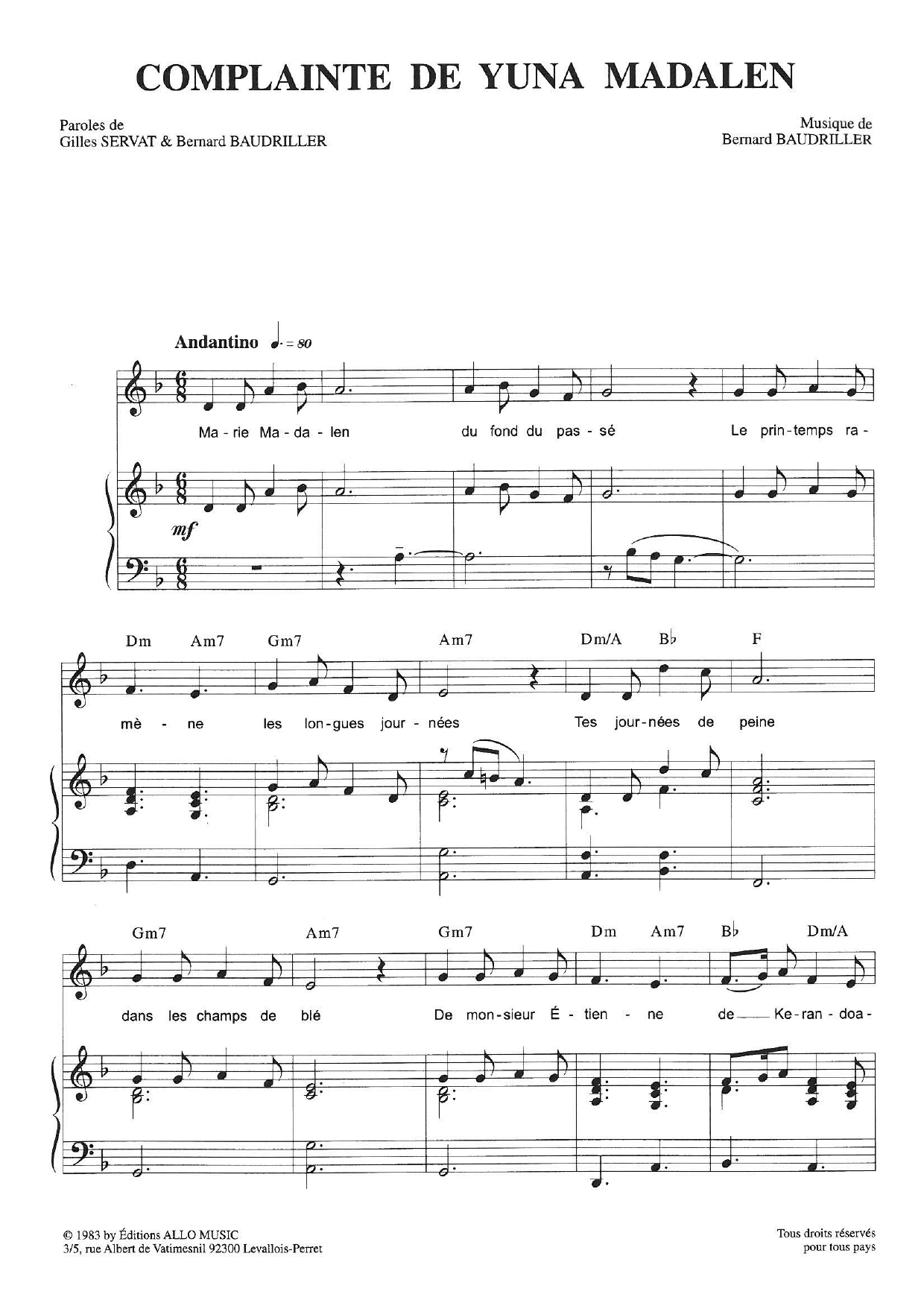 Gilles Servat Complainte De Yuna Madalen Sheet Music