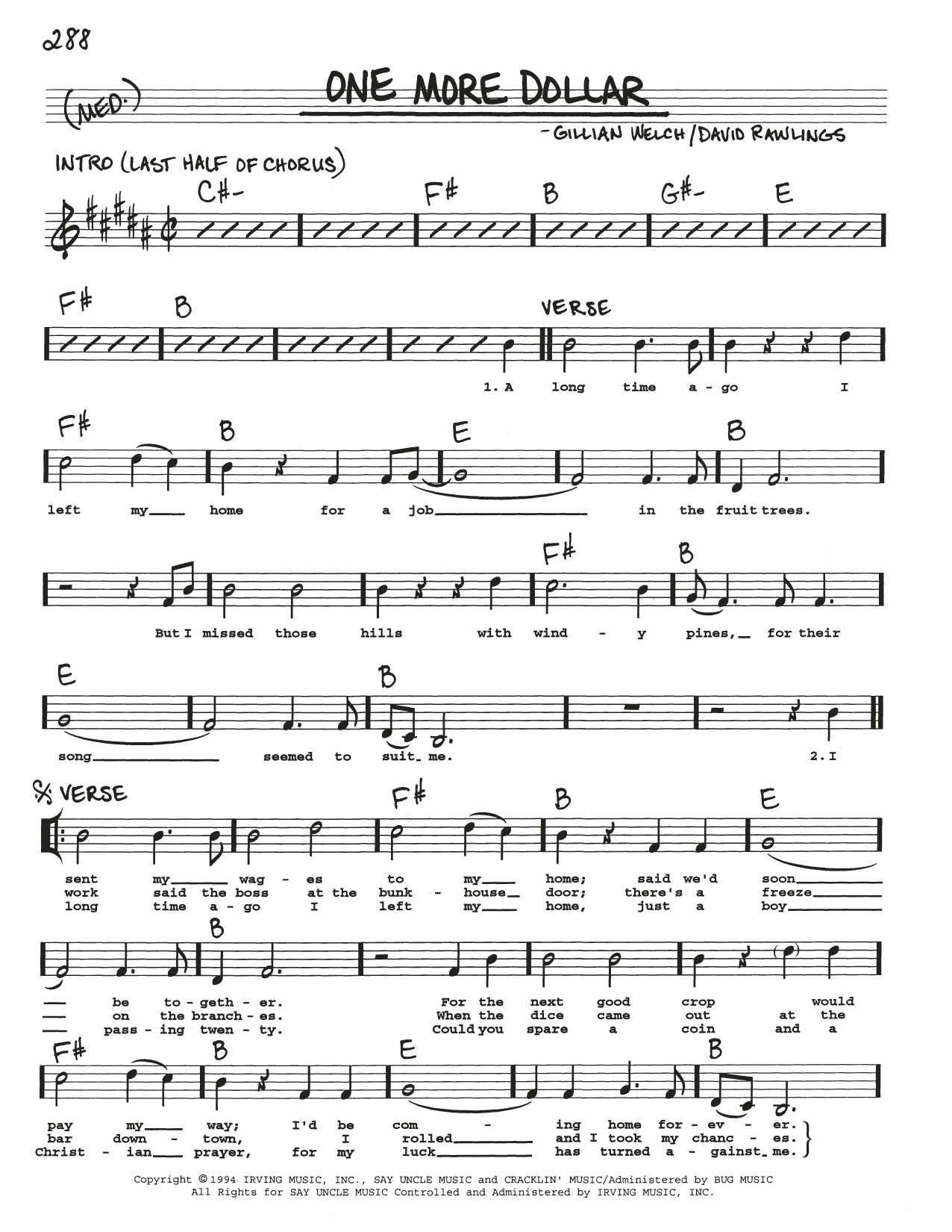 Gillian Welch One More Dollar Sheet Music