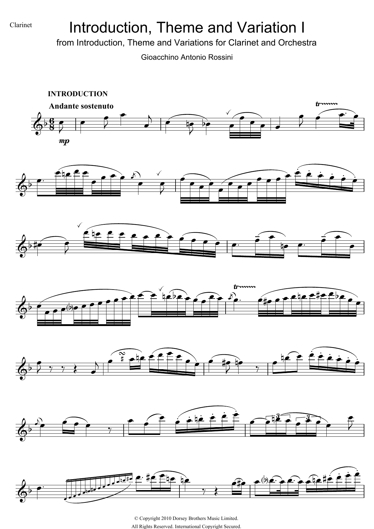 Gioachino Rossini Introduction, Theme And Variations For Clarinet and Orchestra Sheet Music
