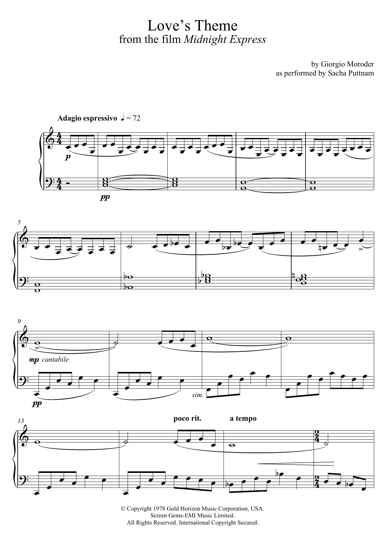 Giorgio Moroder Love's Theme (from Midnight Express) (as performed by Sacha Puttnam) Sheet Music