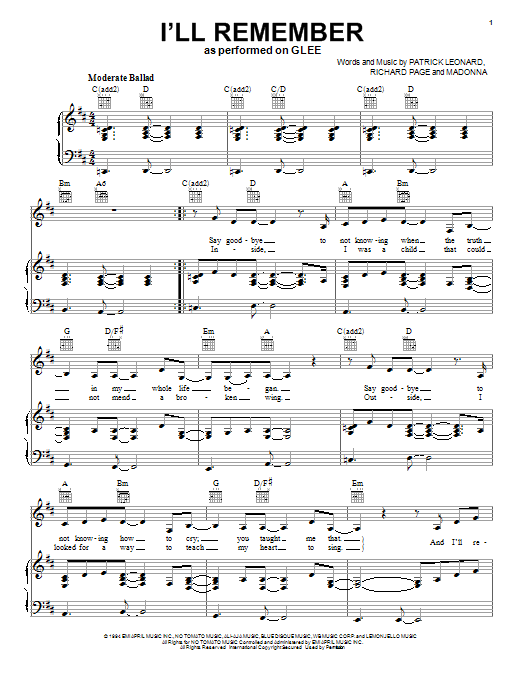 Glee Cast I'll Remember Sheet Music