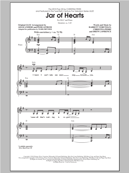 Glee Cast Jar Of Hearts (adapted by Mark Brymer) Sheet Music