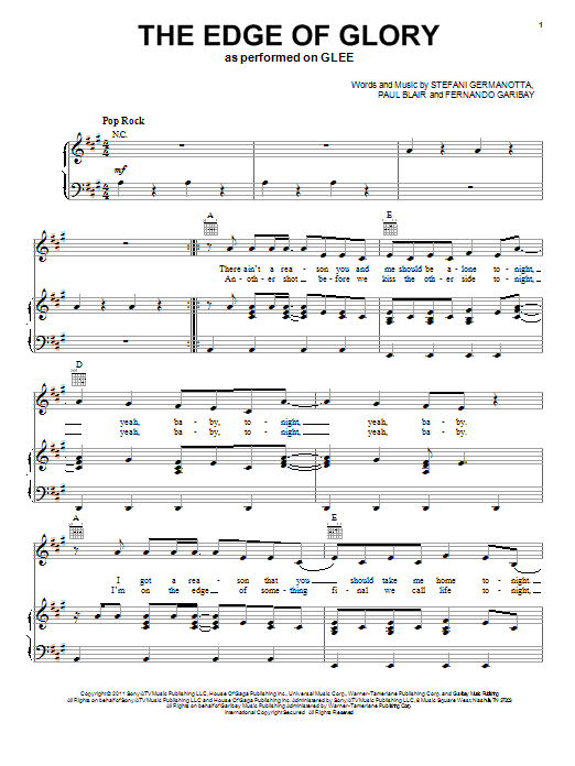 Glee Cast The Edge Of Glory Sheet Music