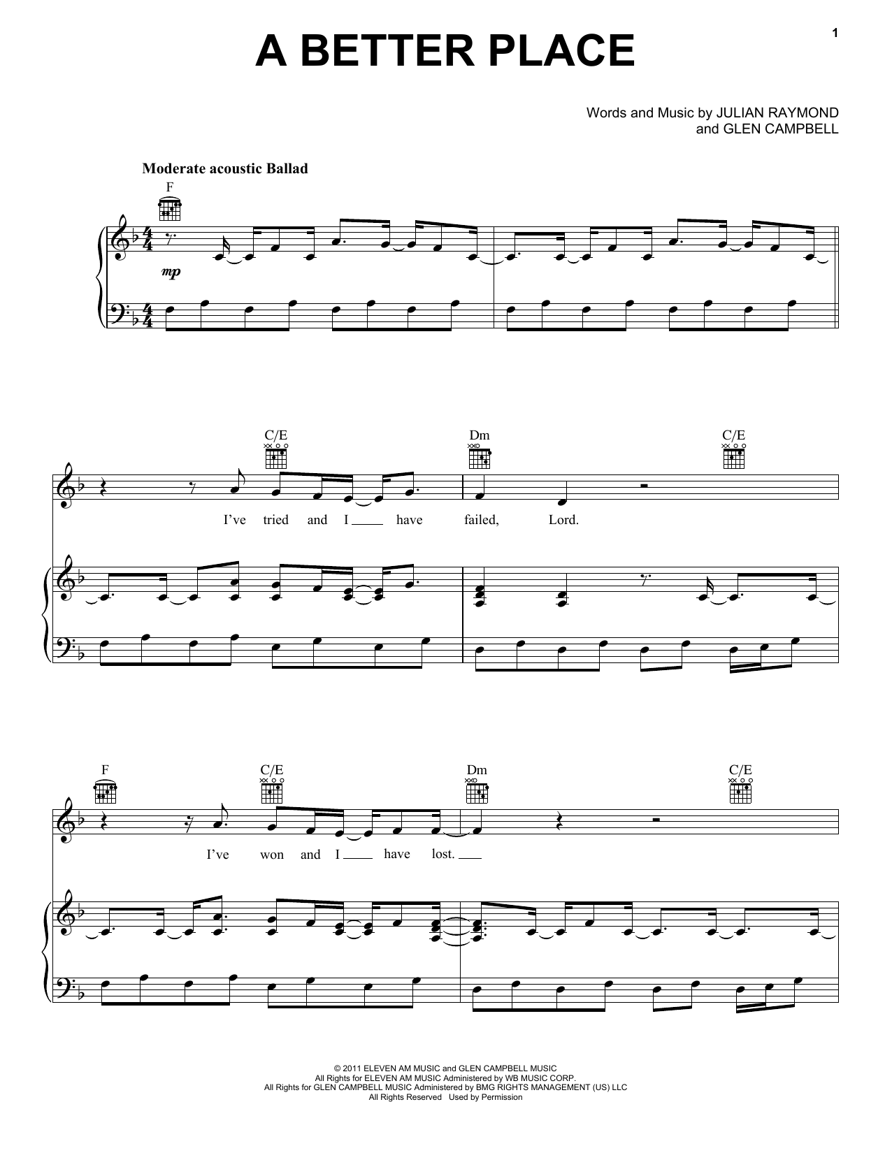 Glen Campbell A Better Place Sheet Music