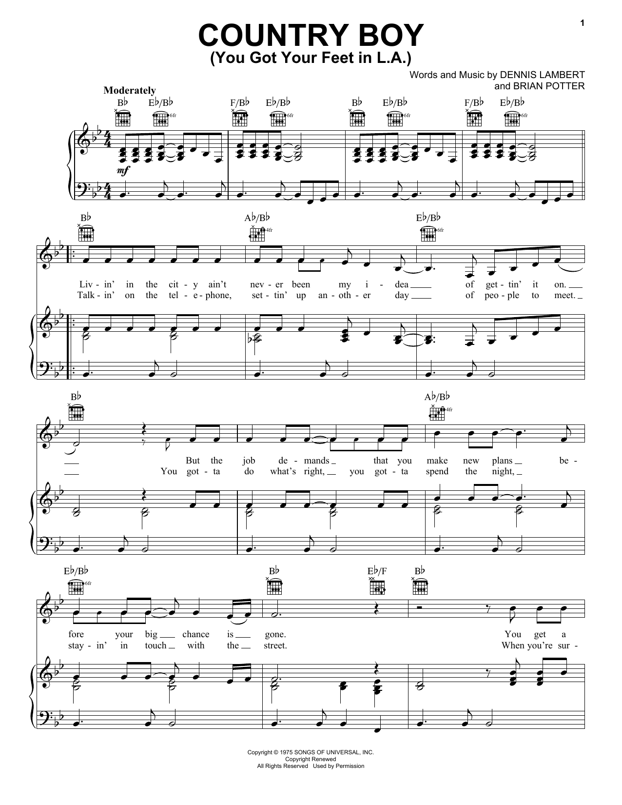 Glen Campbell Country Boy (You Got Your Feet In L.A.) Sheet Music