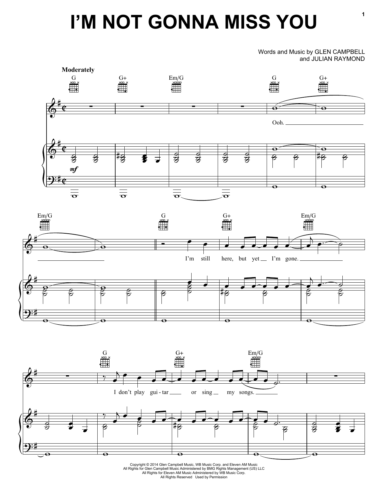 Glen Campbell I'm Not Gonna Miss You Sheet Music