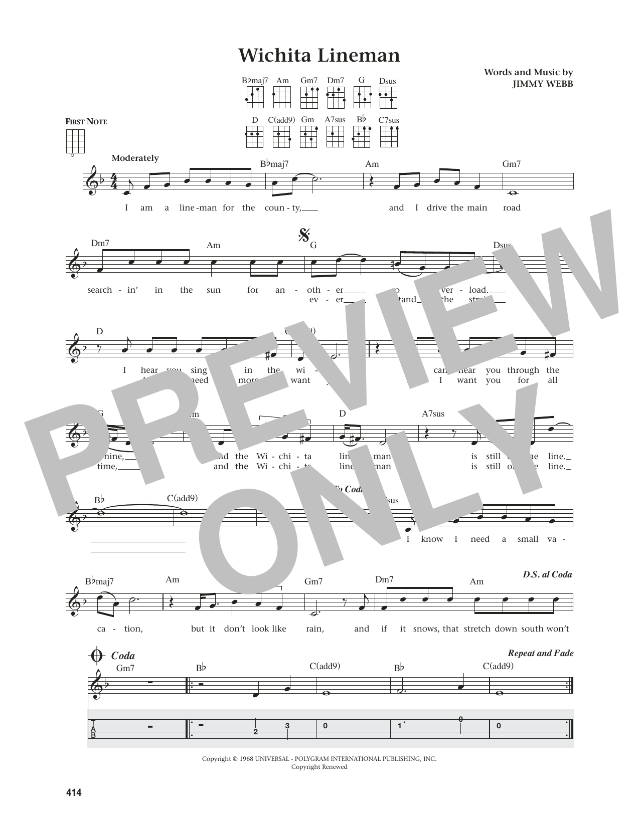 Glen Campbell Wichita Lineman (from The Daily Ukulele) (arr. Jim Beloff) Sheet Music