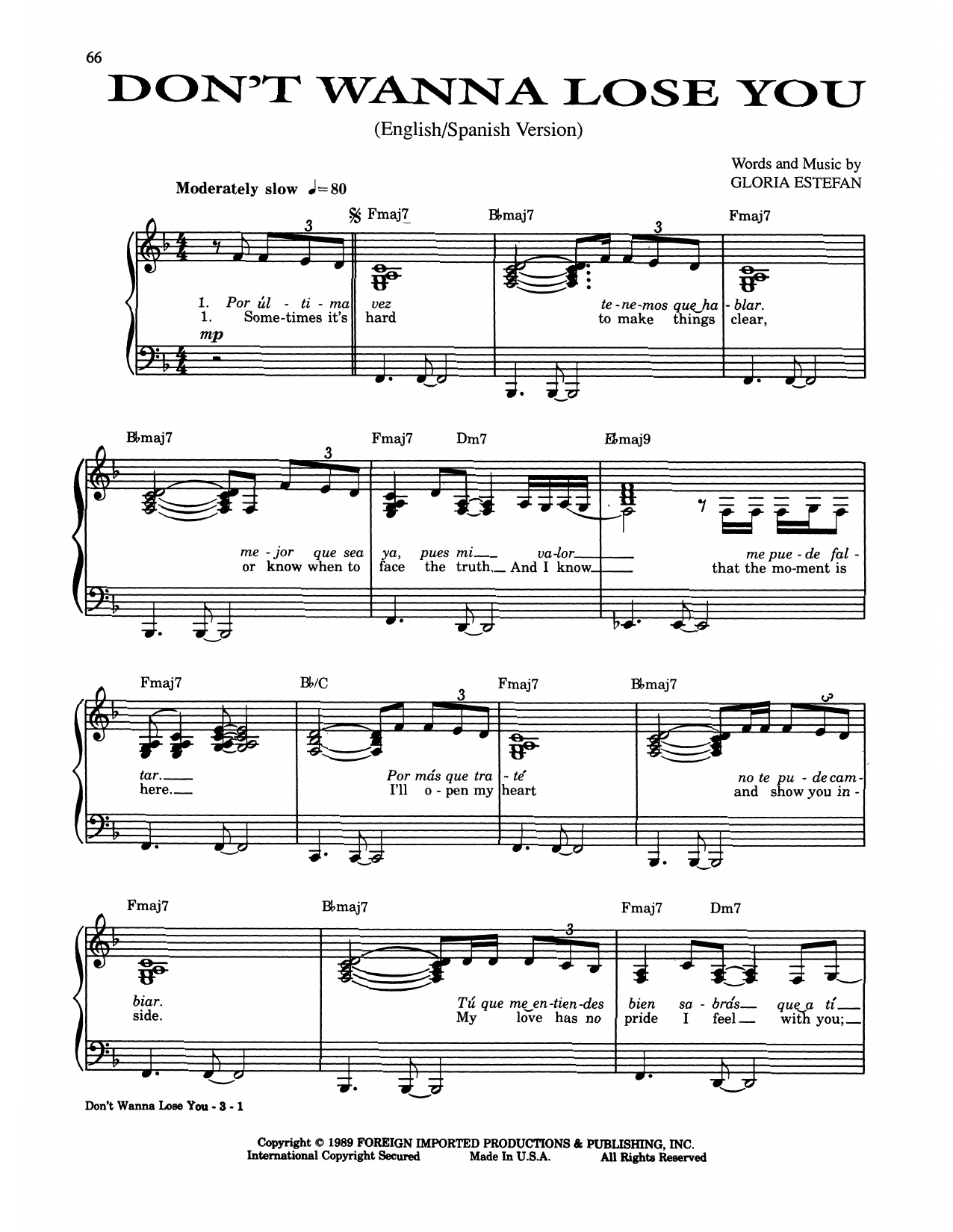 Gloria Estefan Don't Wanna Lose You Sheet Music