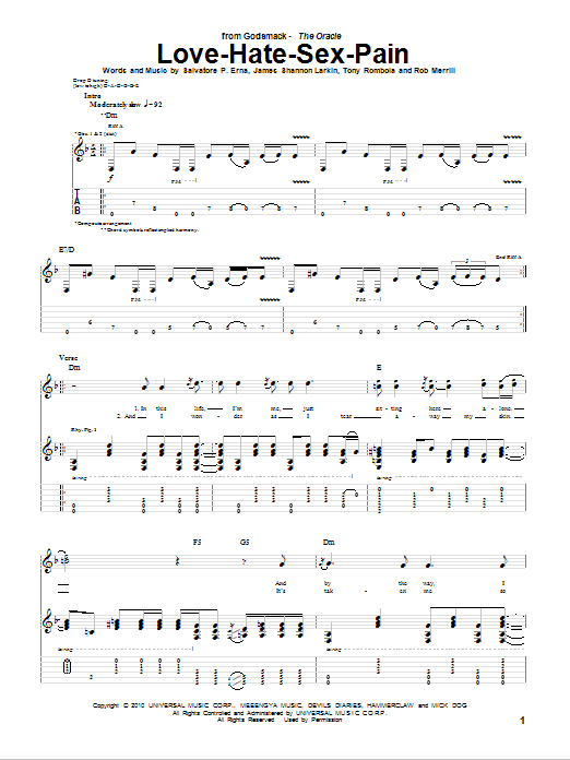 Godsmack Love-Hate-Sex-Pain Sheet Music