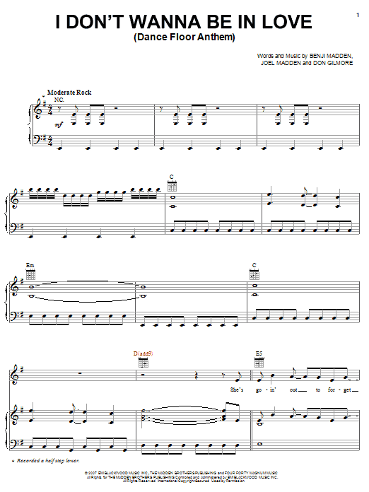 Good Charlotte I Don't Wanna Be In Love (Dance Floor Anthem) Sheet Music