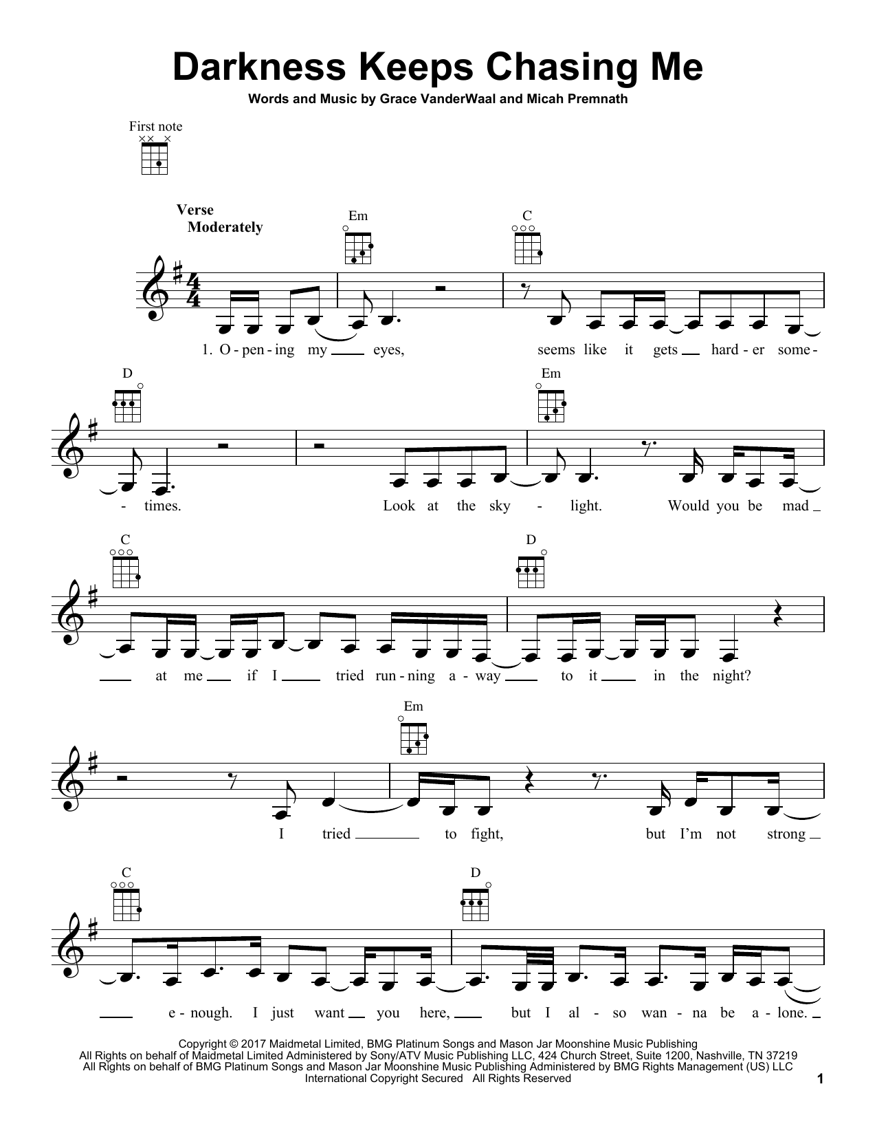 Grace VanderWaal Darkness Keeps Chasing Me Sheet Music