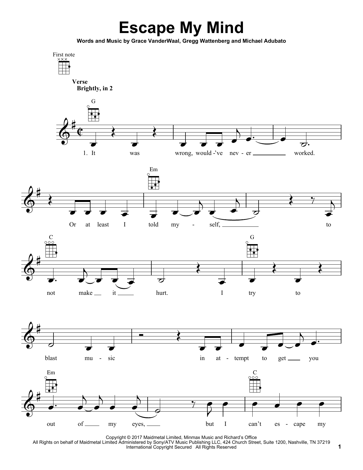 Grace VanderWaal Escape My Mind Sheet Music