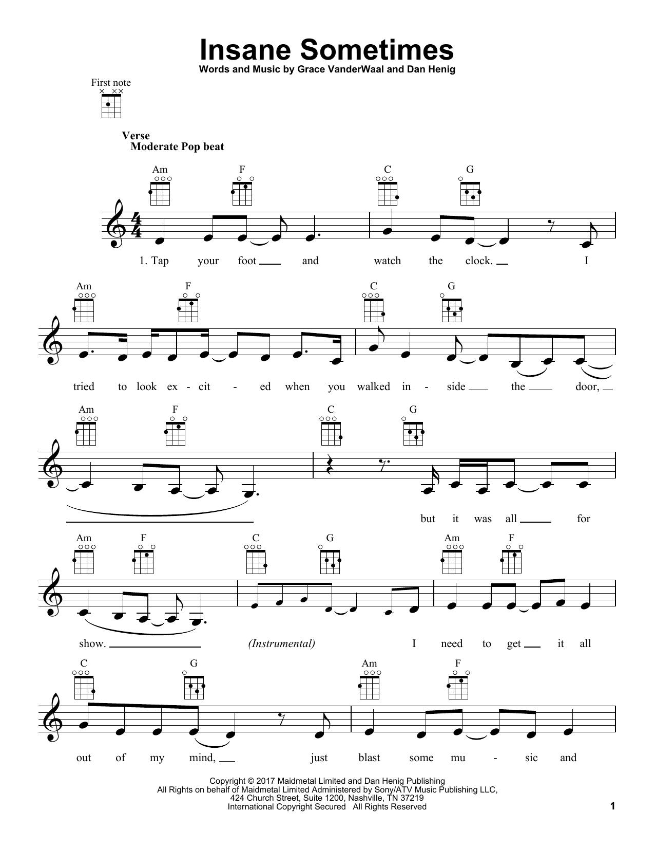 Grace VanderWaal Insane Sometimes Sheet Music