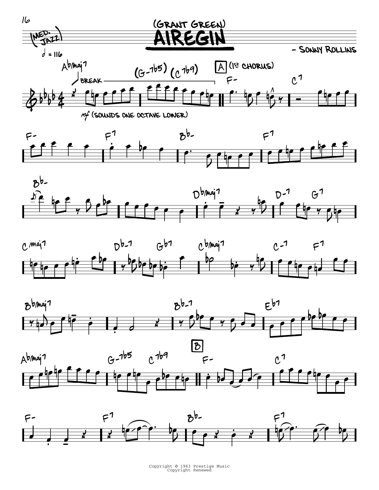 Grant Green Airegin (solo only) Sheet Music