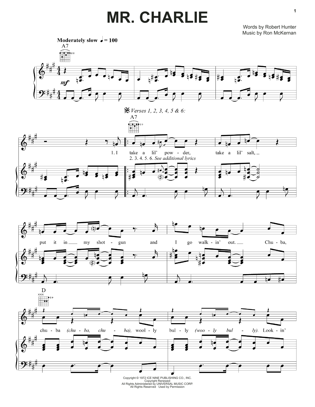 Grateful Dead Mr. Charlie Sheet Music