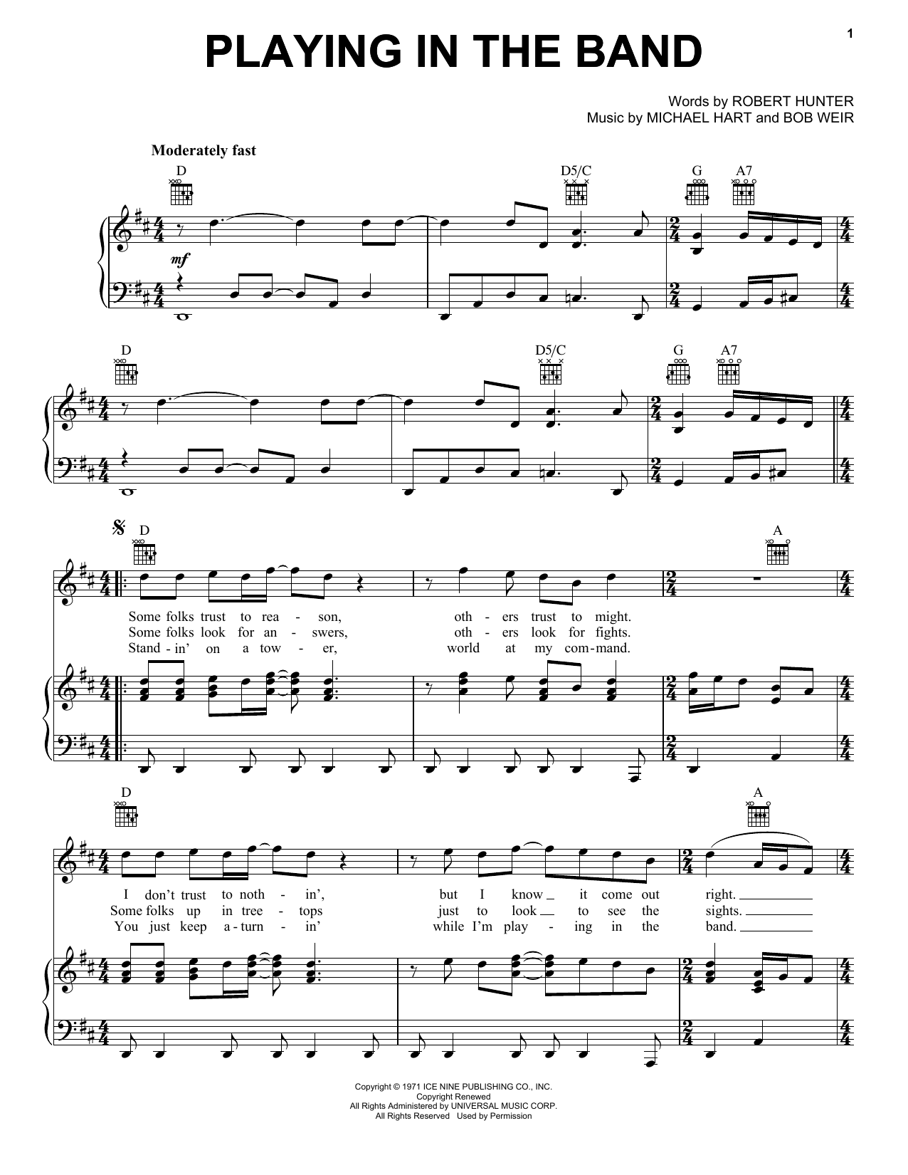 Grateful Dead Playing In The Band Sheet Music