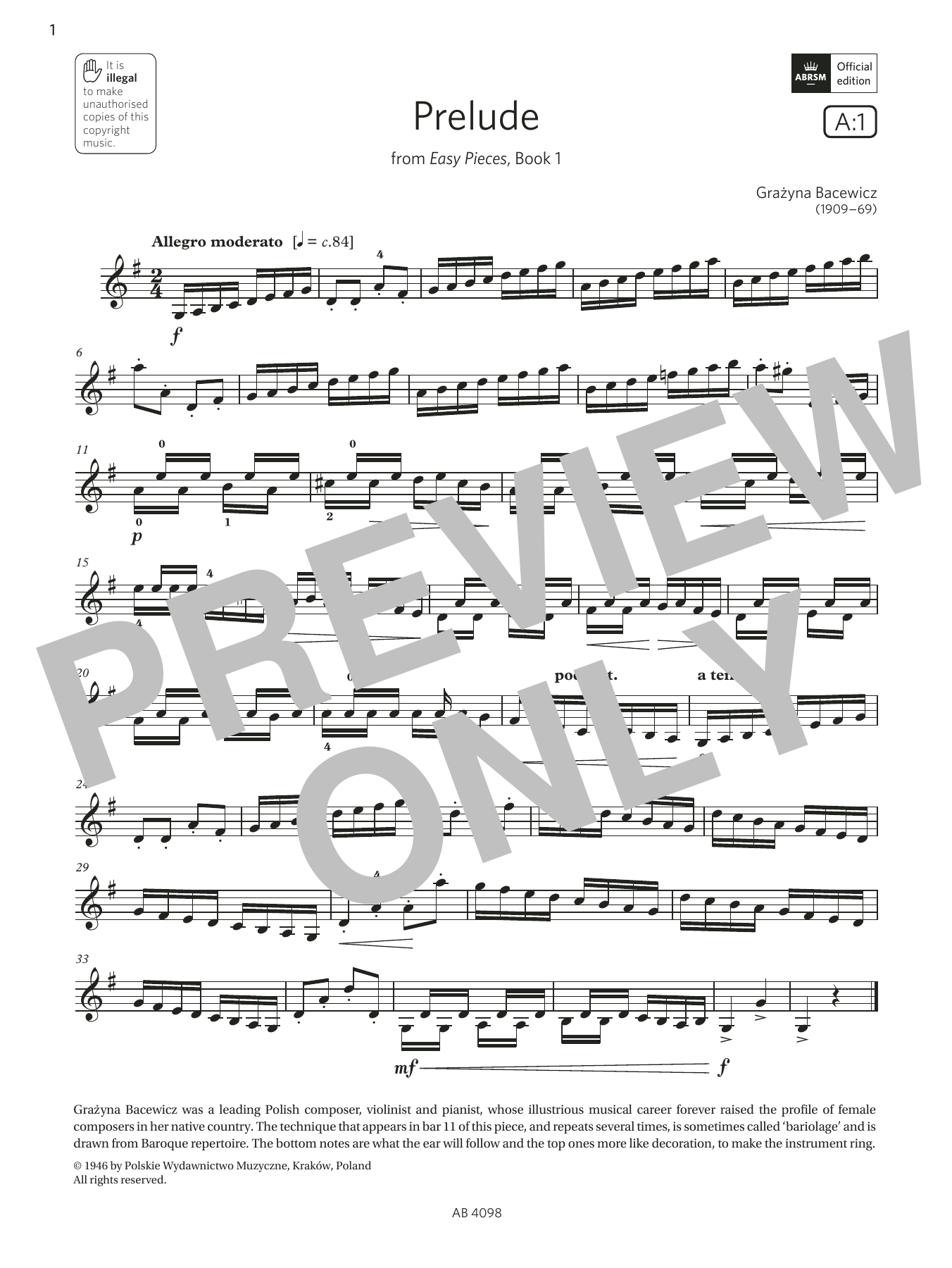 Grażyna Bacewicz Prelude (Grade 4, A1, from the ABRSM Violin Syllabus from 2024) Sheet Music