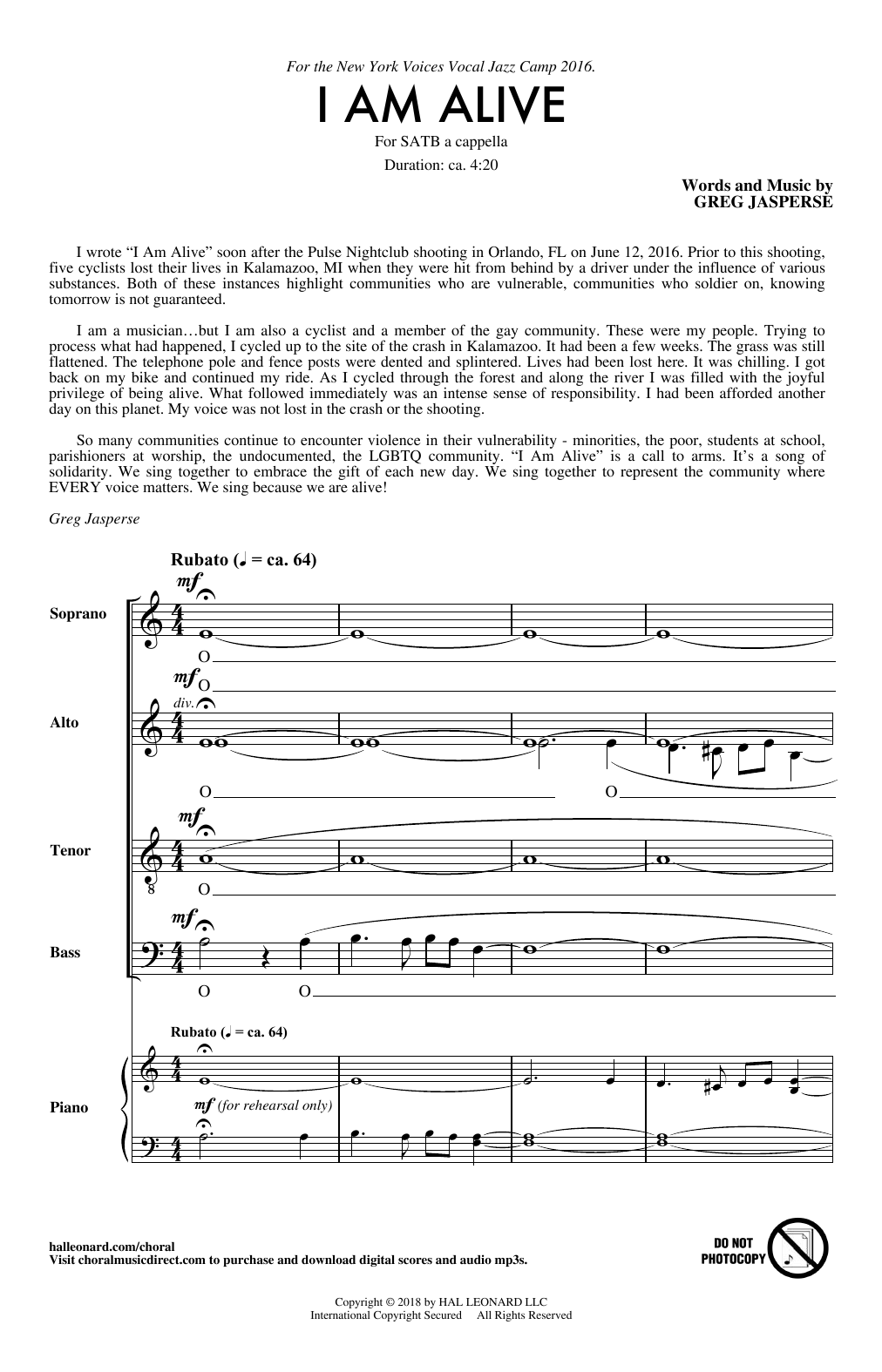 Greg Jasperse I Am Alive Sheet Music