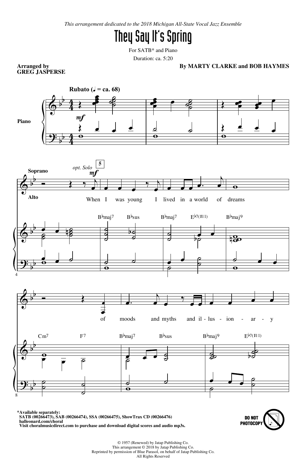 Greg Jasperse They Say It's Spring Sheet Music