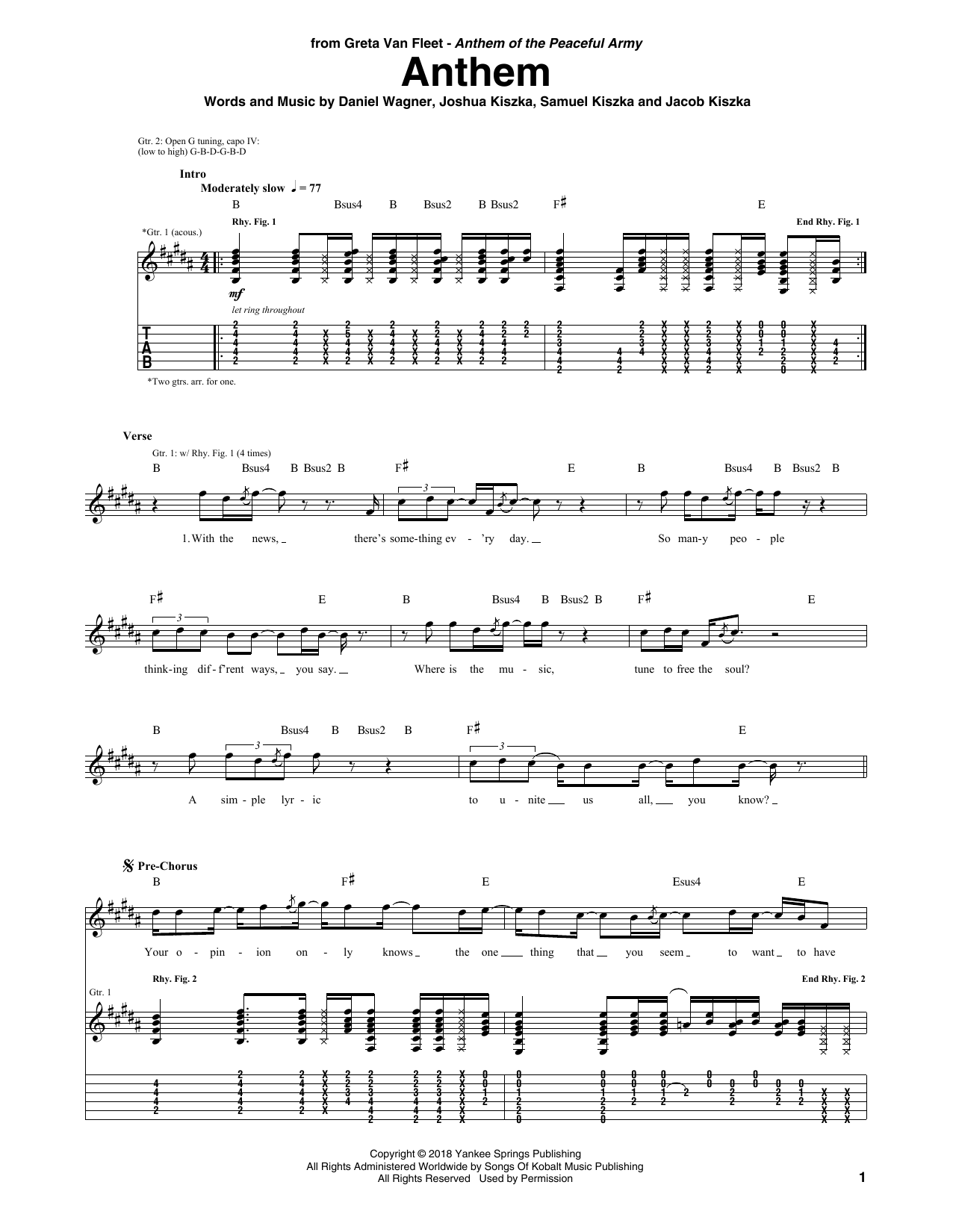 Greta Van Fleet Anthem Sheet Music