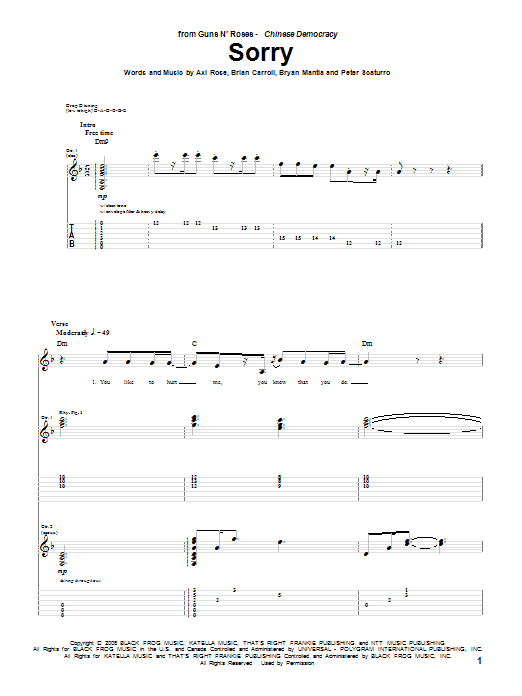 Guns N' Roses Sorry Sheet Music