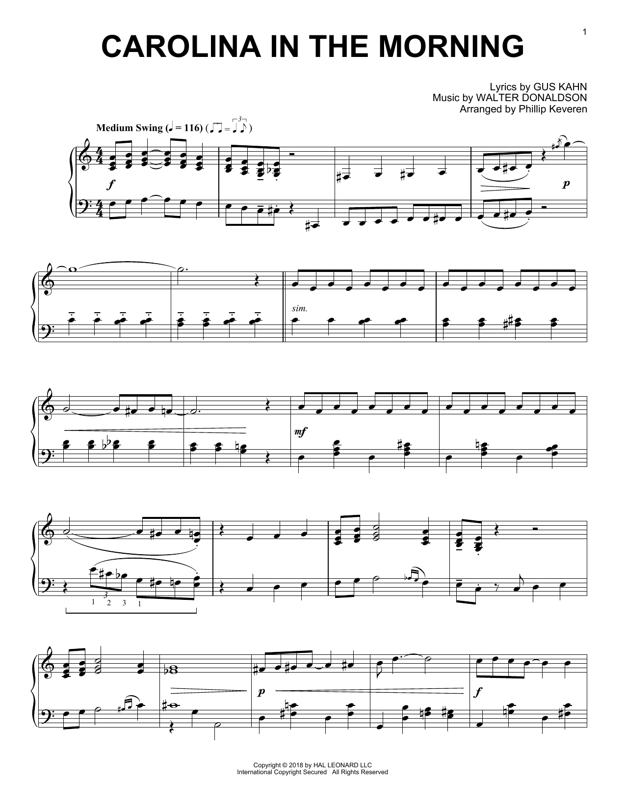 Gus Kahn Carolina In The Morning [Jazz version] (arr. Phillip Keveren) Sheet Music