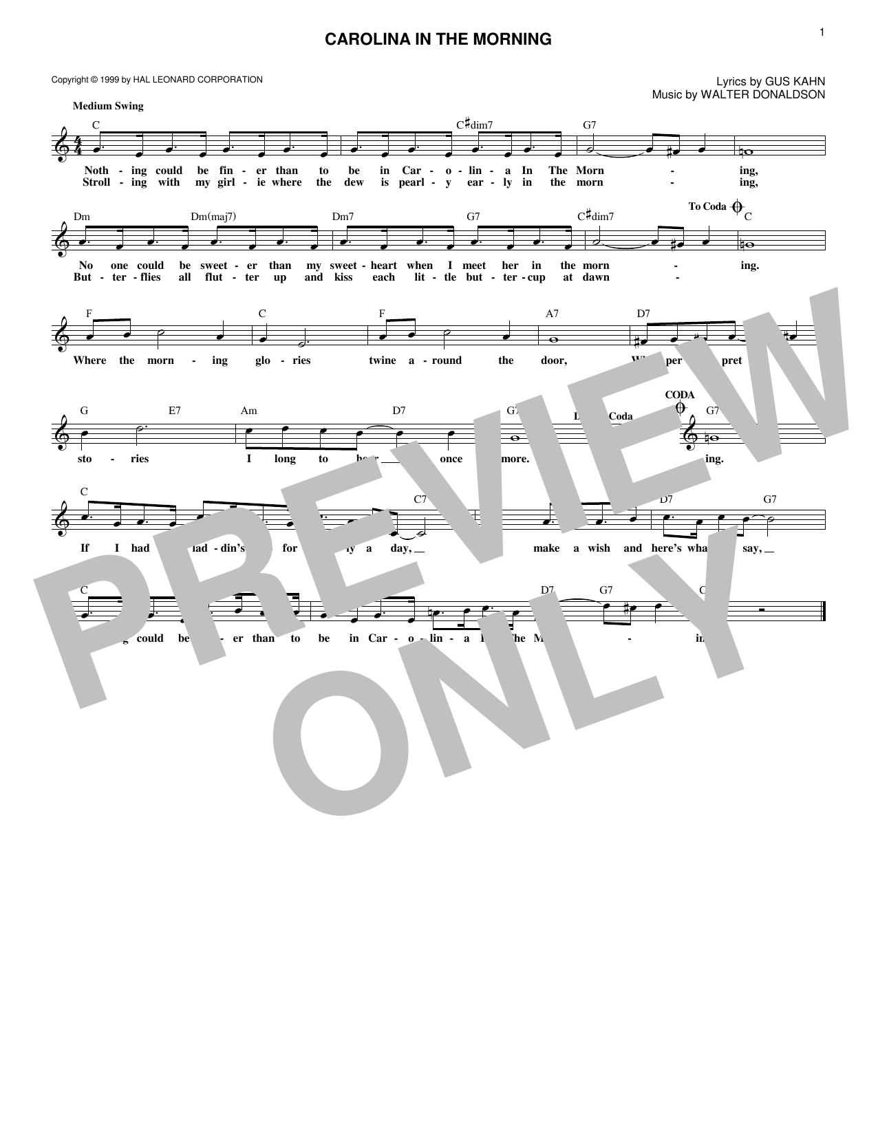 Gus Kahn Carolina In The Morning Sheet Music