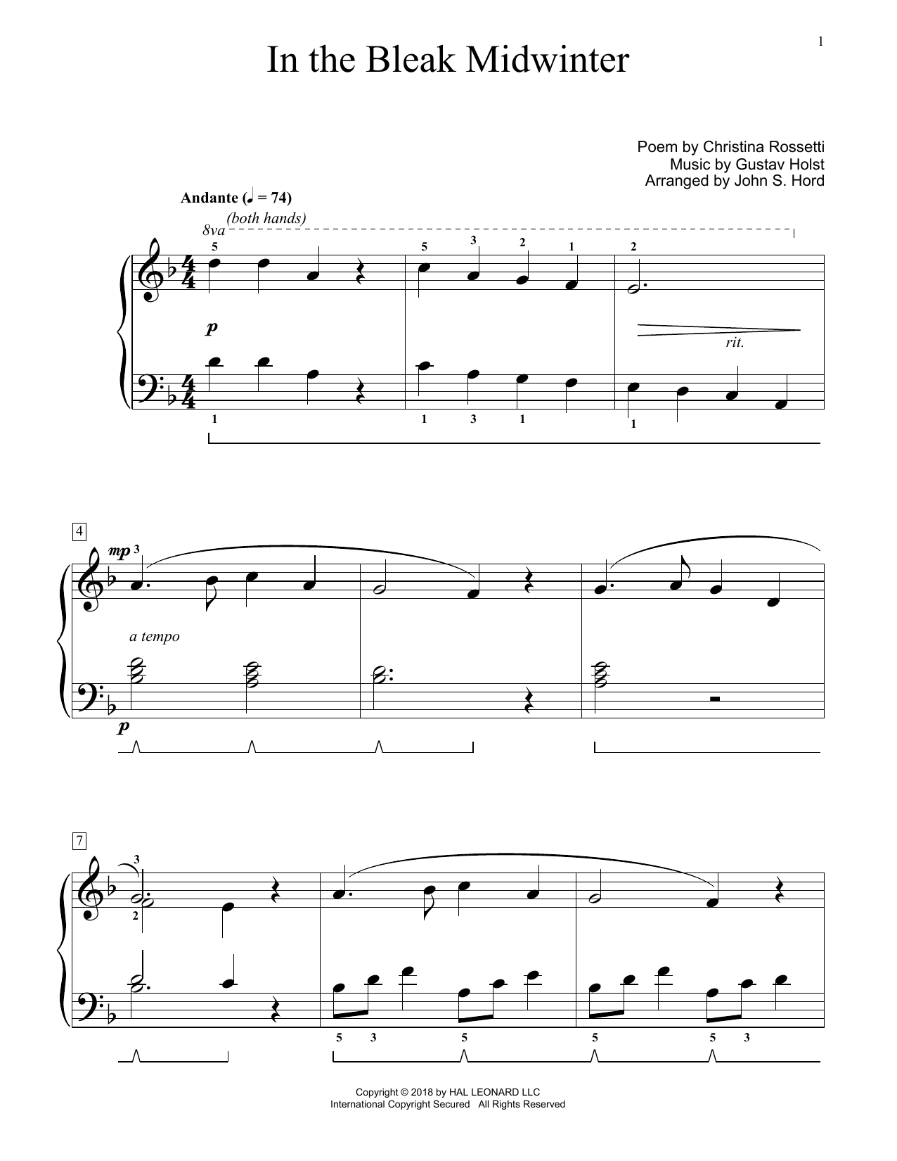 Gustav Holst In The Bleak Midwinter (arr. John S. Hord) Sheet Music