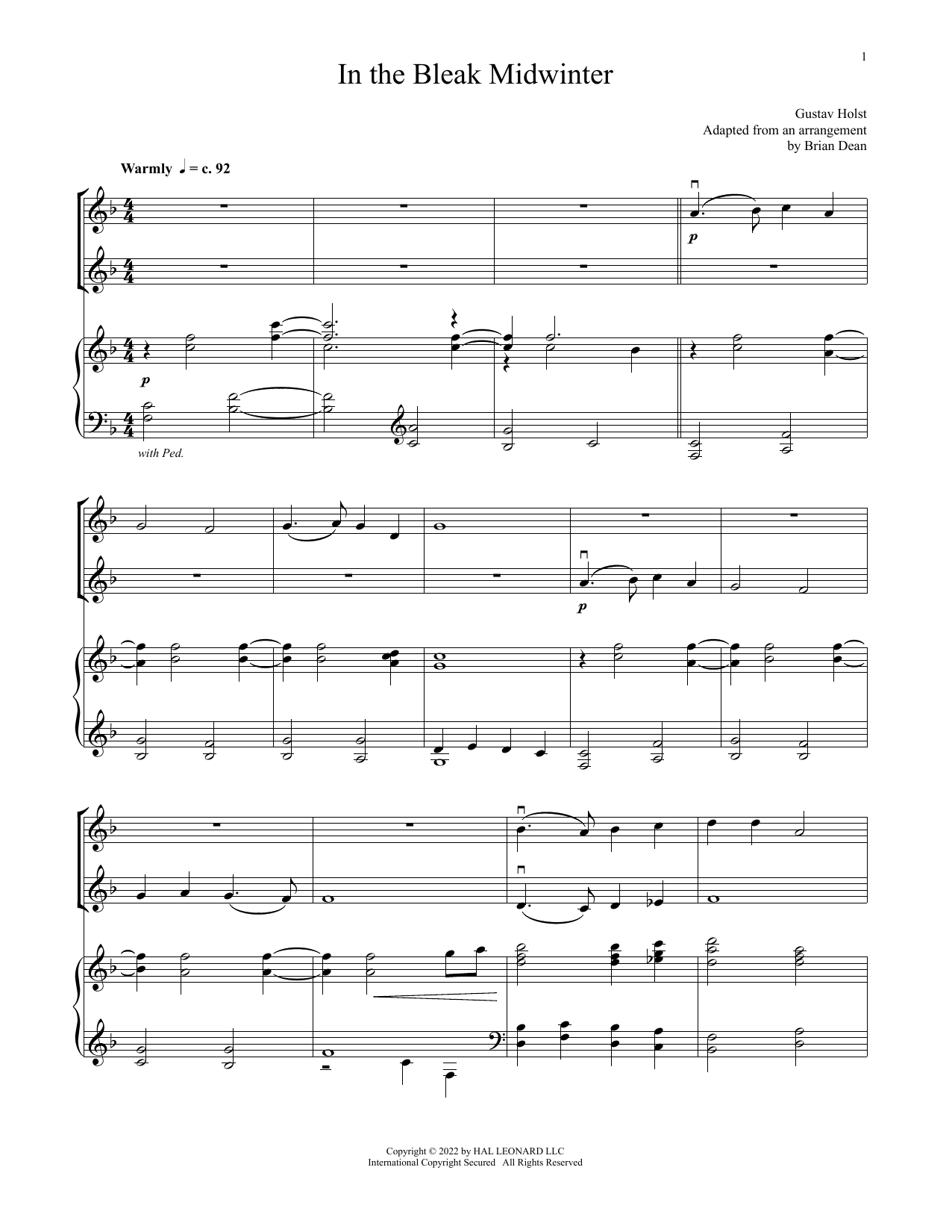 Gustav Holst In The Bleak Midwinter (for Violin Duet and Piano) Sheet Music