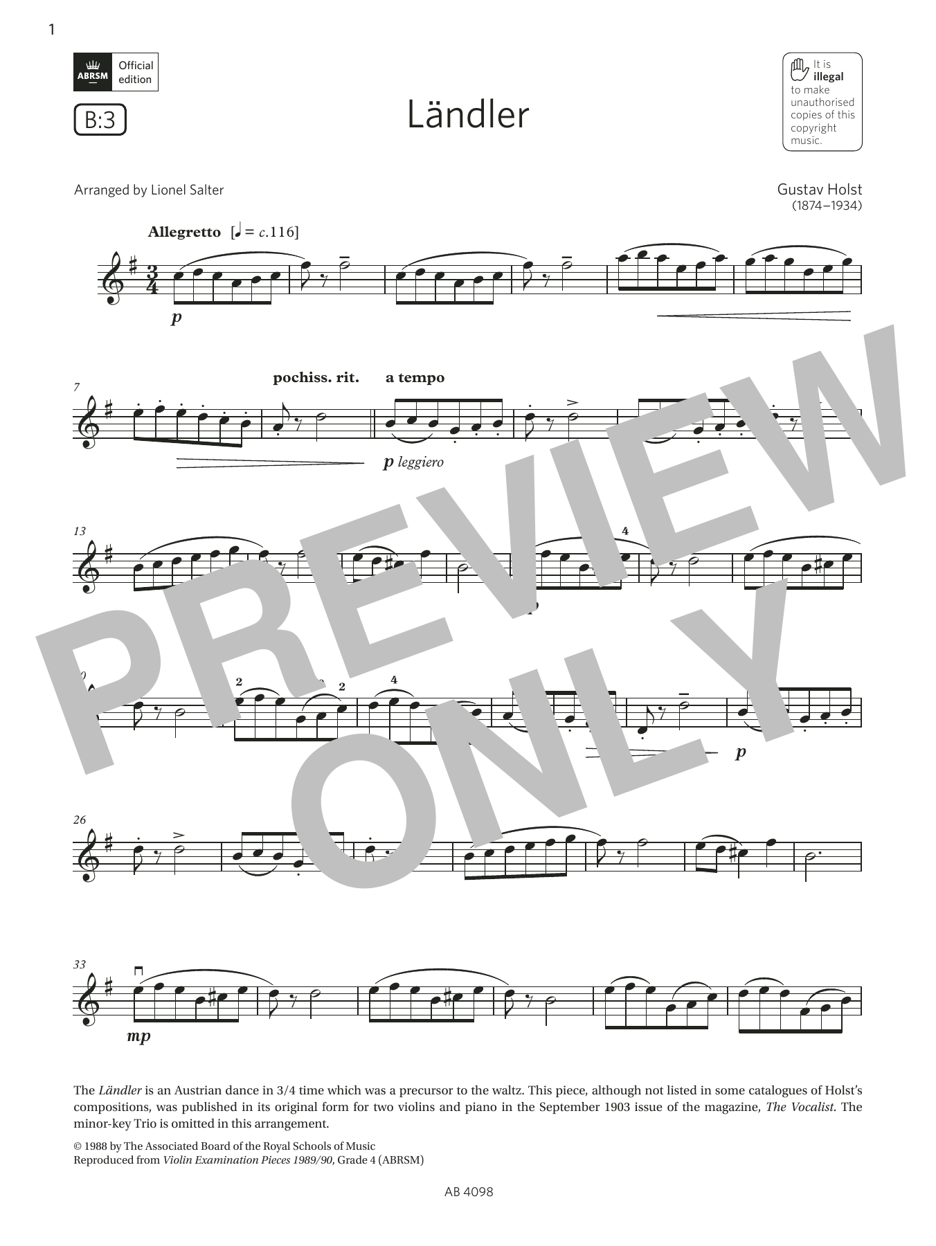 Gustav Holst Ländler (Grade 4, B3, from the ABRSM Violin Syllabus from 2024) Sheet Music