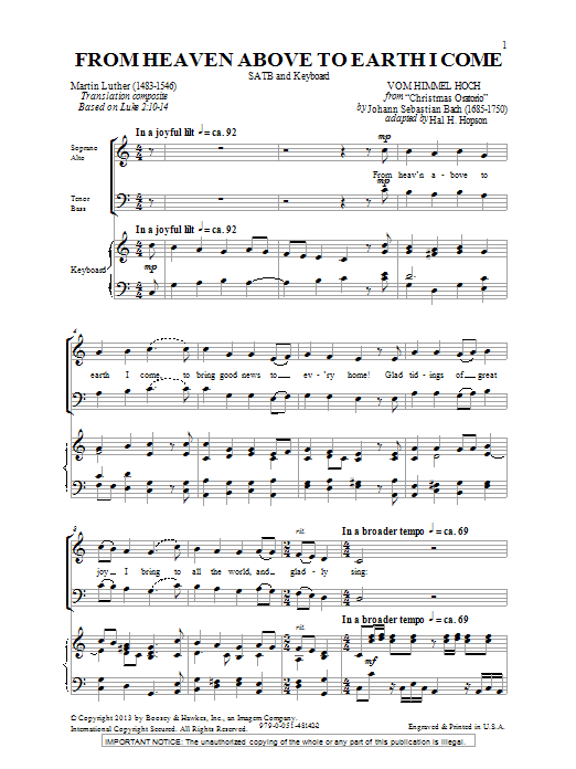 Hal Hopson From Heaven Above To Earth I Come Sheet Music