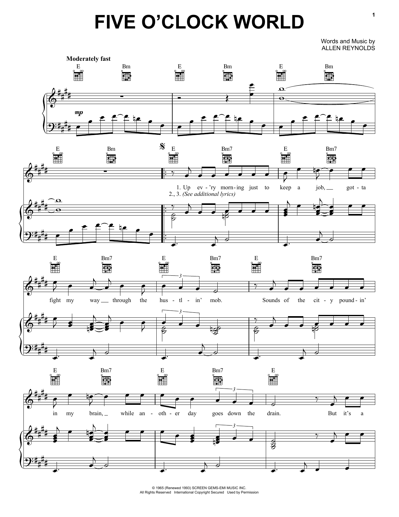Hal Ketchum Five O'Clock World Sheet Music