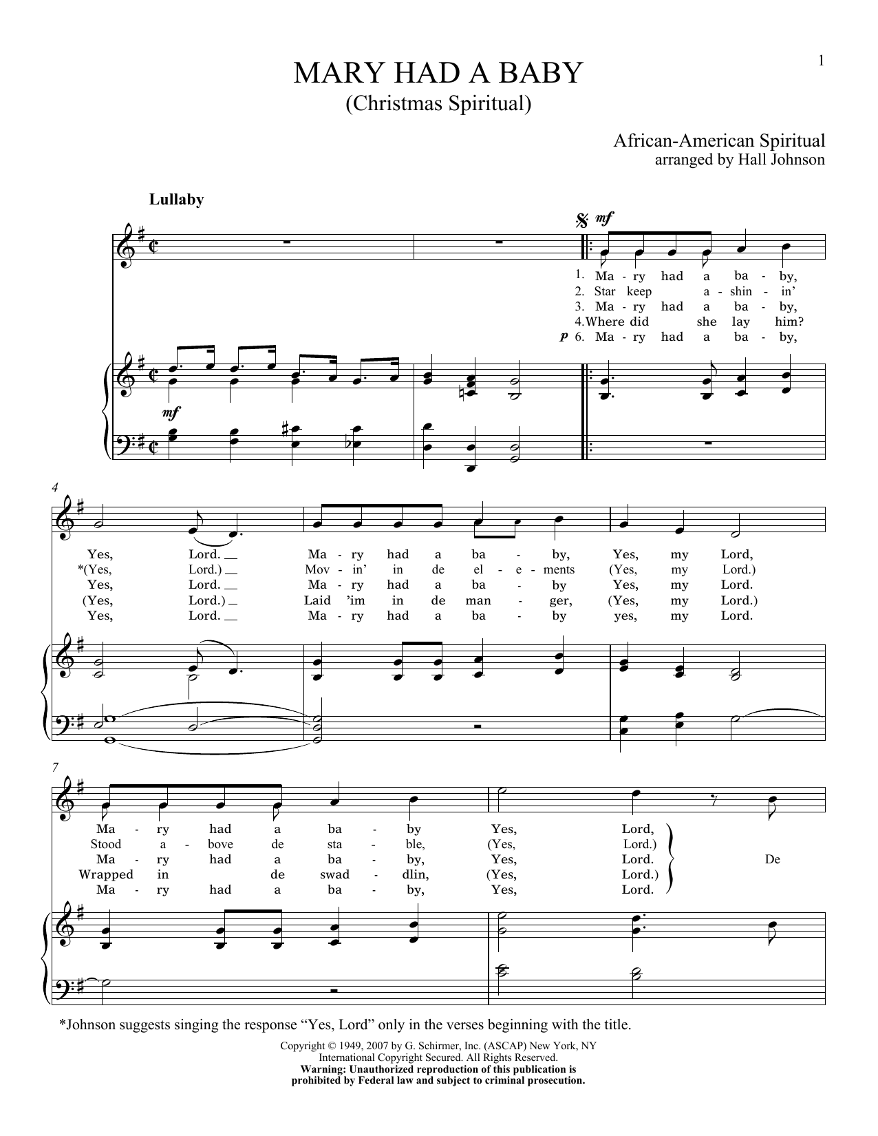 Hall Johnson Mary Had A Baby Sheet Music