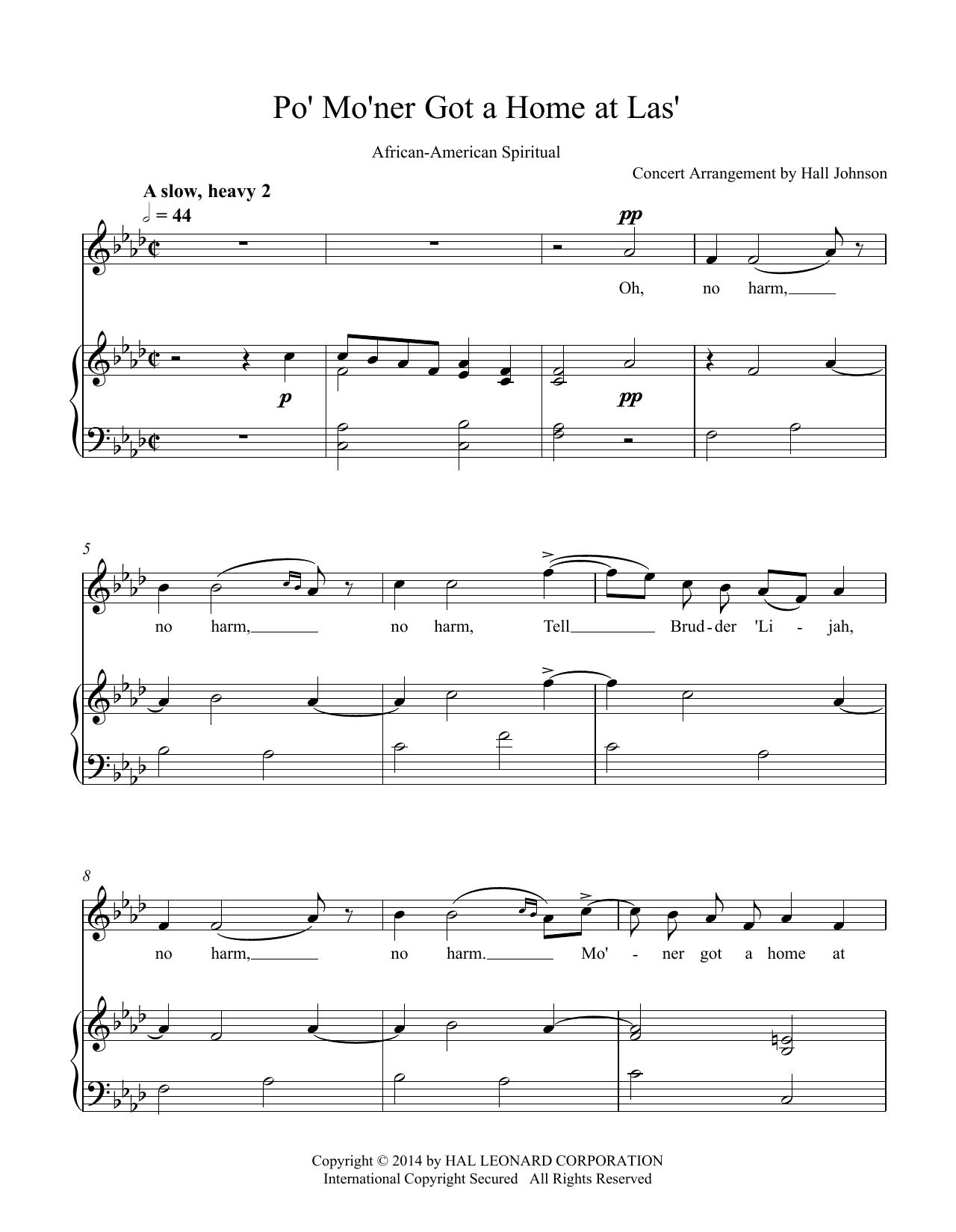 Hall Johnson Po' Mo'ner Got a Home at Las' (F minor) Sheet Music