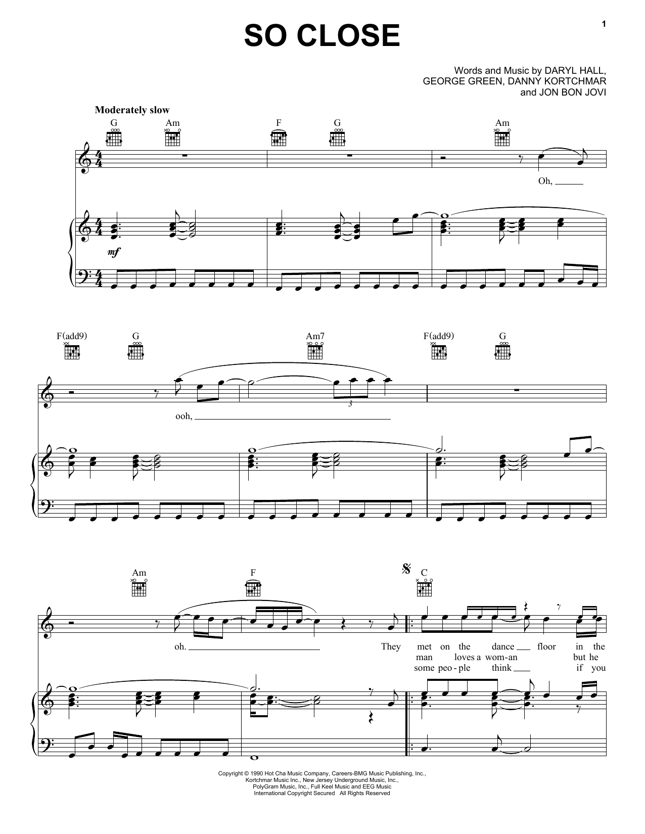 Hall & Oates So Close Sheet Music
