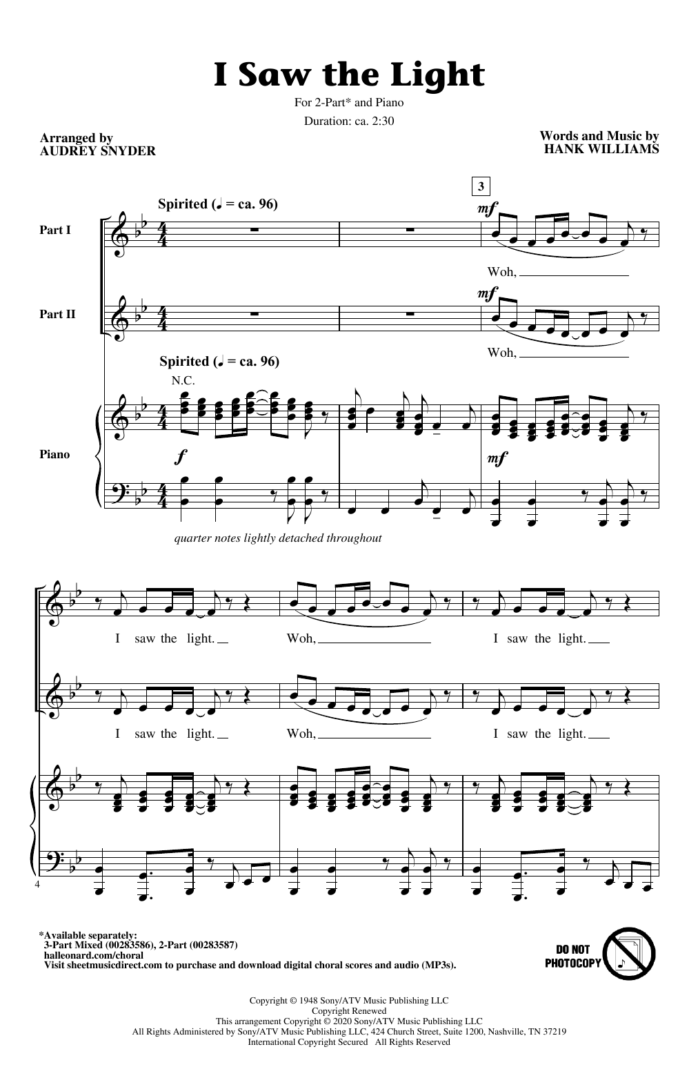 Hank Williams I Saw The Light (arr. Audrey Snyder) Sheet Music
