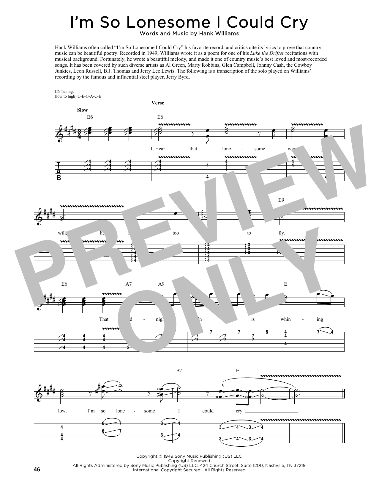 Hank Williams I'm So Lonesome I Could Cry (arr. Fred Sokolow) Sheet Music